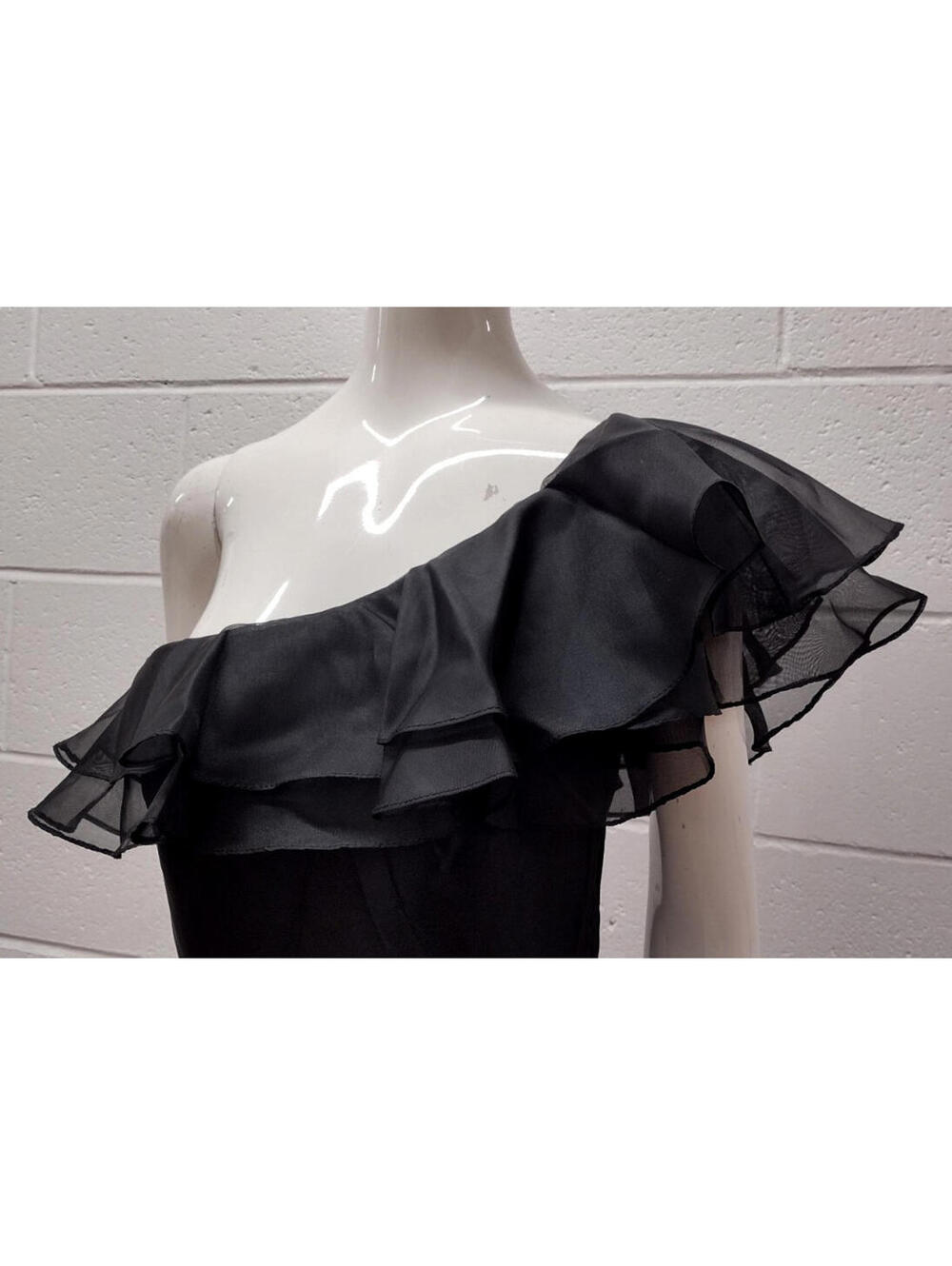 Vintage Off The Shoulder Black Sheer Disco Dress Belted Early 1980s SAMIR Size S - Picture 9 of 16